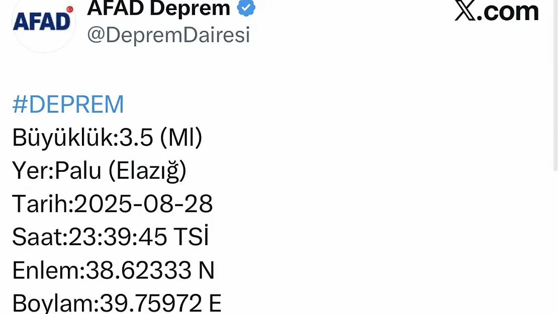 Elazığ'da 3.5 büyüklüğünde deprem