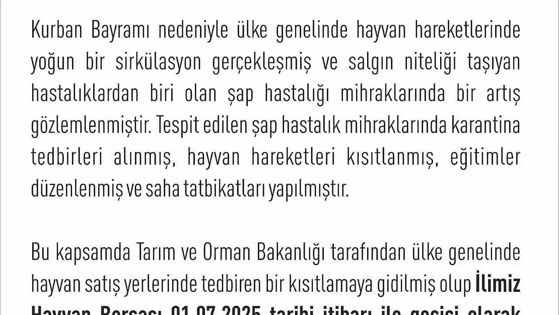 Elazığ Hayvan Borsası kapatıldı