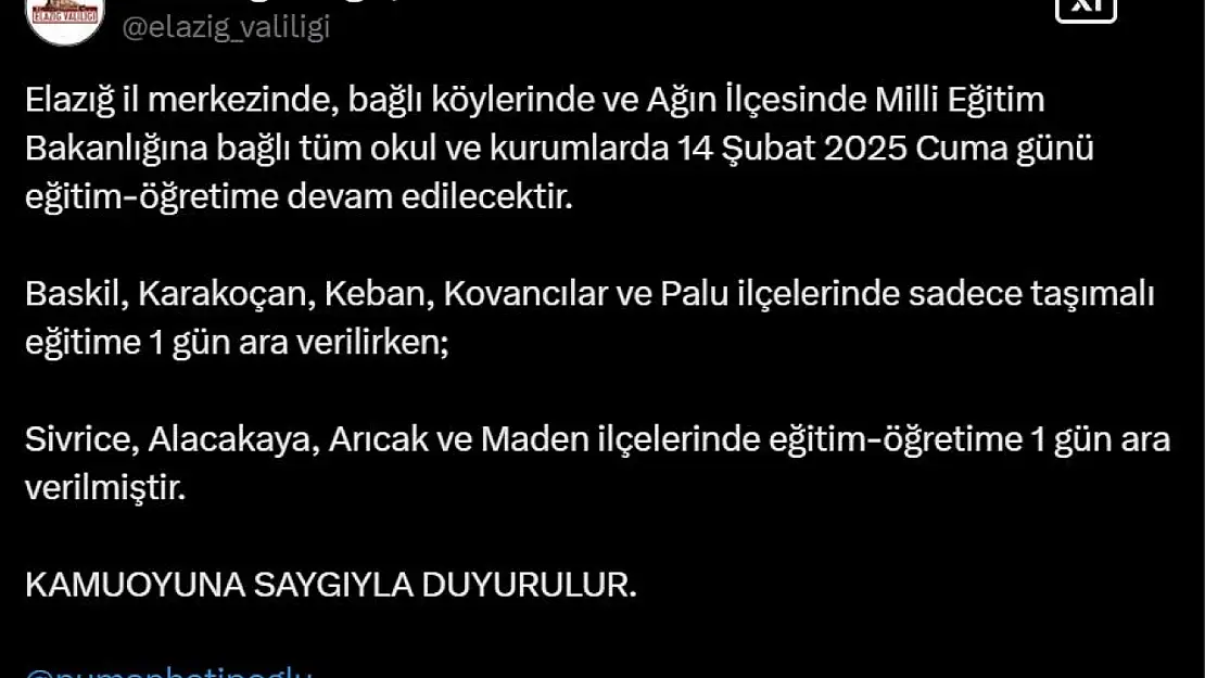 Elazığ'ın 4 ilçesinde eğitime ara verildi