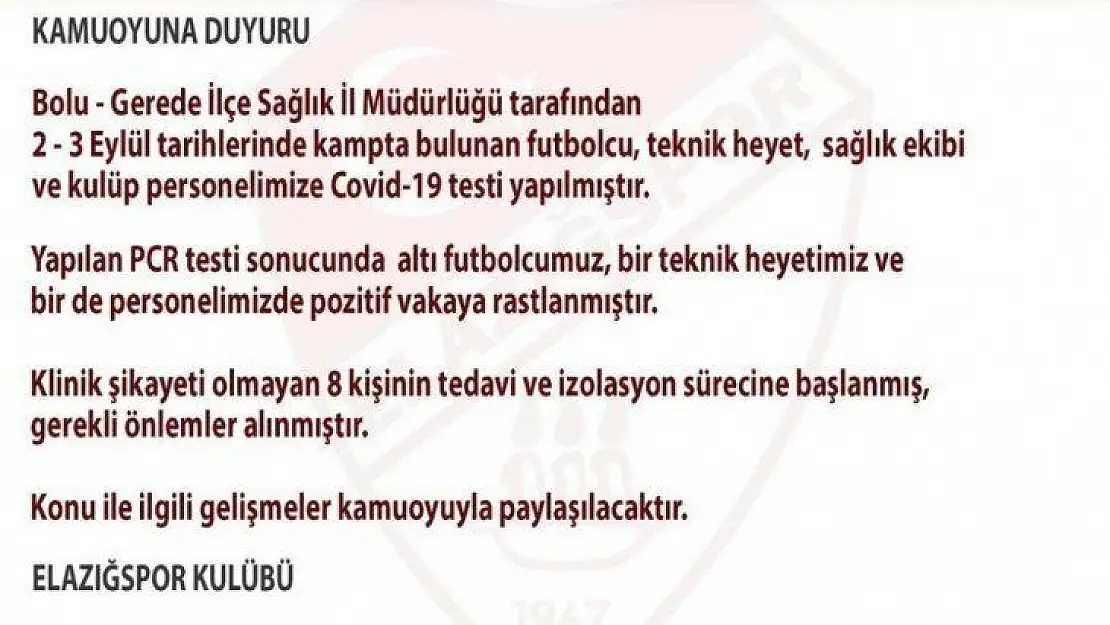 Elazığspor'da 8 pozitif vaka