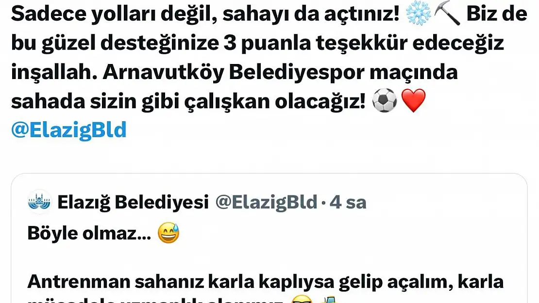 Elazığspor ve belediye arasındaki kar mizahı sosyal medyada ilgi gördü