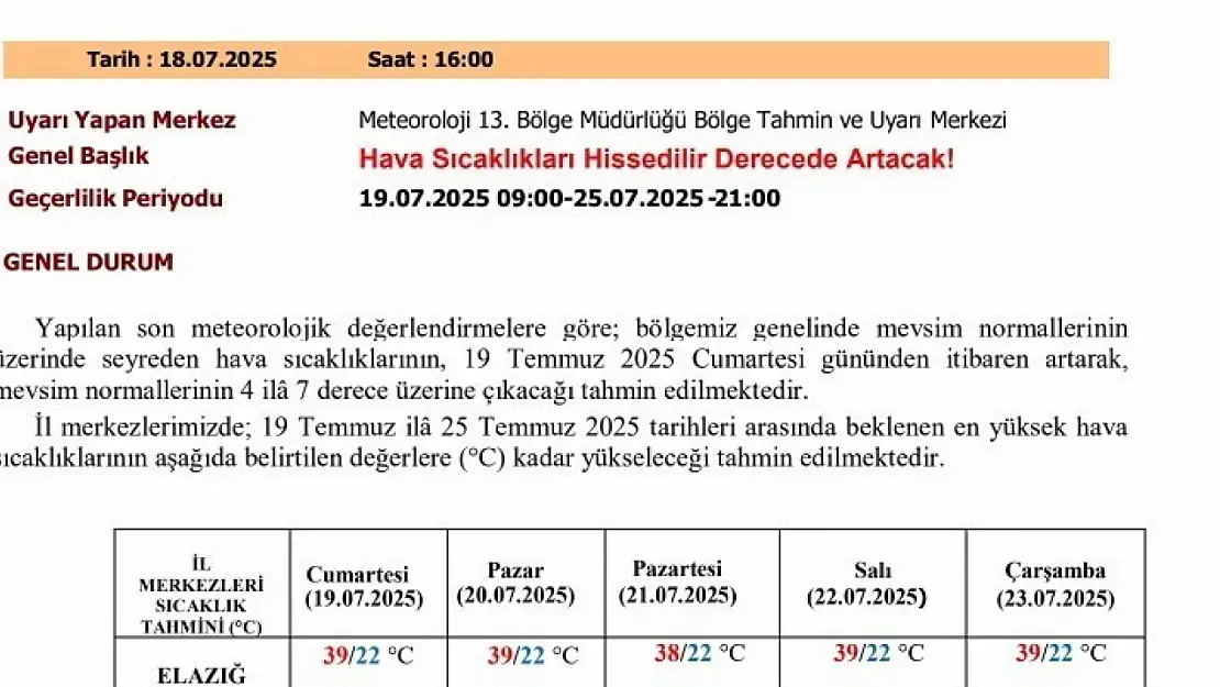 Meteorolojiden sıcaklık uyarısı