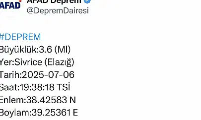 Elazığ'da 3.6 büyüklüğünde deprem