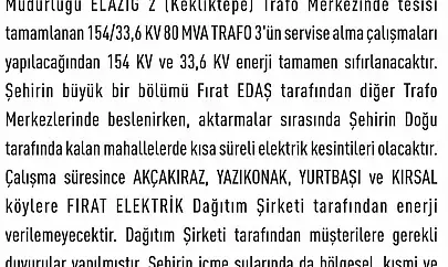Elazığ'da elektrik kesintisi yaşanacak