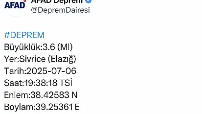 Elazığ'da 3.6 büyüklüğünde deprem
