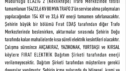 Elazığ'da elektrik kesintisi yaşanacak