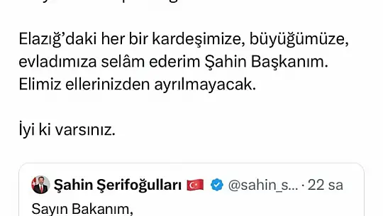 Başkan Şerifoğulları'ndan Murat Kurum'a: 'Elazığ'dan koca yürekli Kara Murat'a selam olsun'