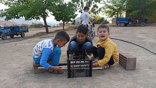 Cevizi top yapıp plastik meyve kasasında langırt oynadılar