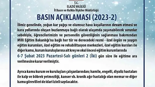 Elazığ'da eğitime 2 gün ara verildi