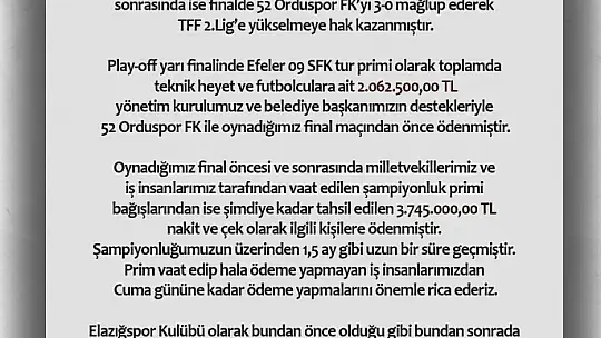 Elazığspor Kulübü'nden prim sözünü yerine getirmeyenlere sitem