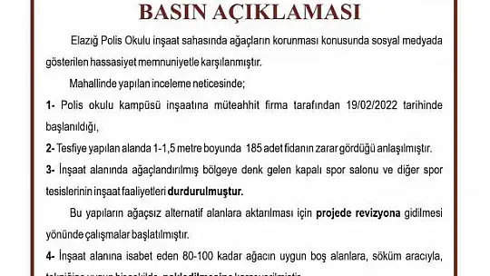 Valilik zarar gören ağaçlar için kayıtsız kalmadı, inşaat çalışmaları durduruldu