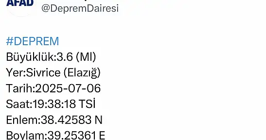 Elazığ'da 3.6 büyüklüğünde deprem