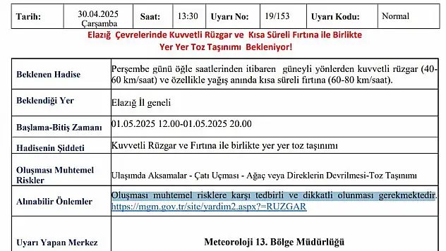 Meteorolojiden Elazığ'a kuvvetli rüzgar ve fırtına uyarısı