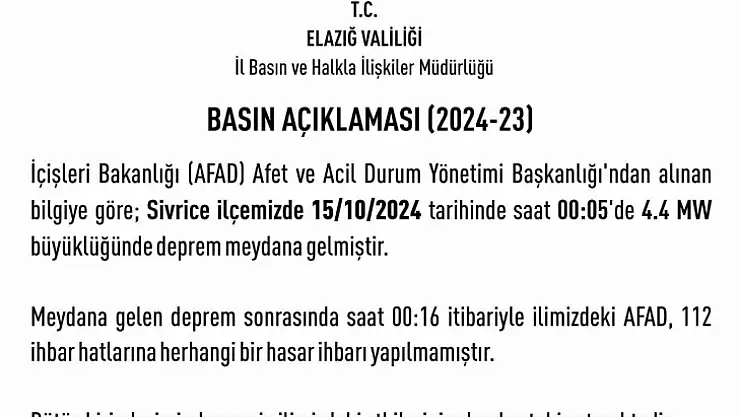 Elazığ Valiliği'nden deprem açıklaması: 'Herhangi bir hasar ihbarı yapılmamıştır'