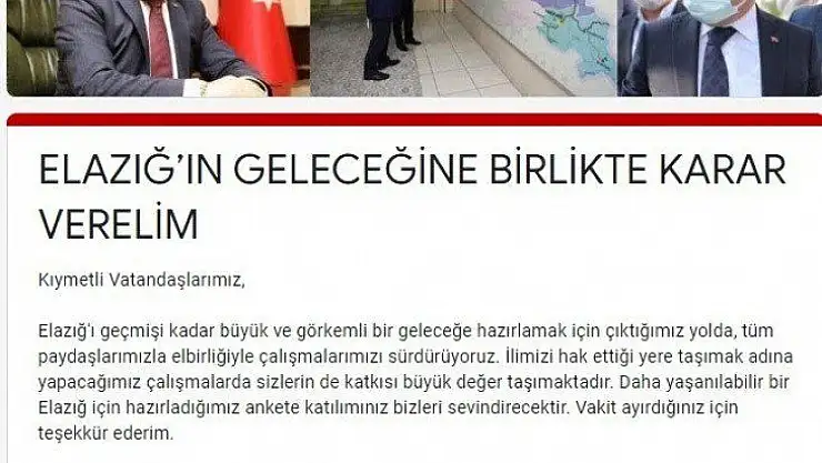 Vali Erkaya Yırık'tan 'Elazığ'ın geleceğine birlikte karar verelim' anketi