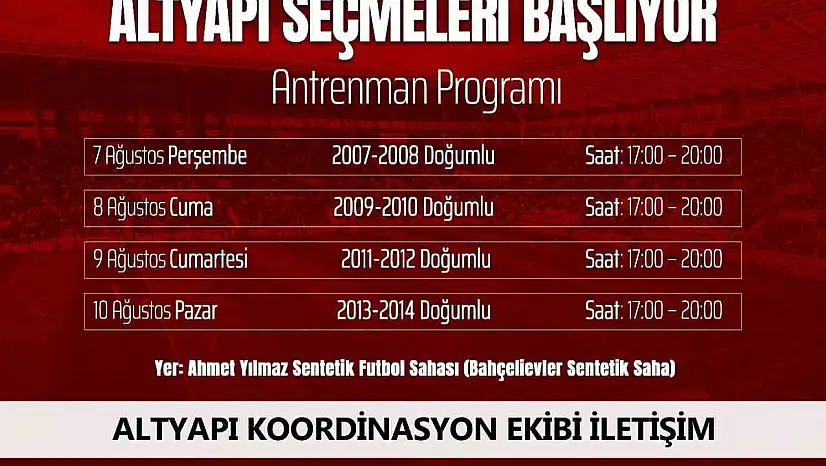 Elazığspor altyapı seçmeleri başlıyor