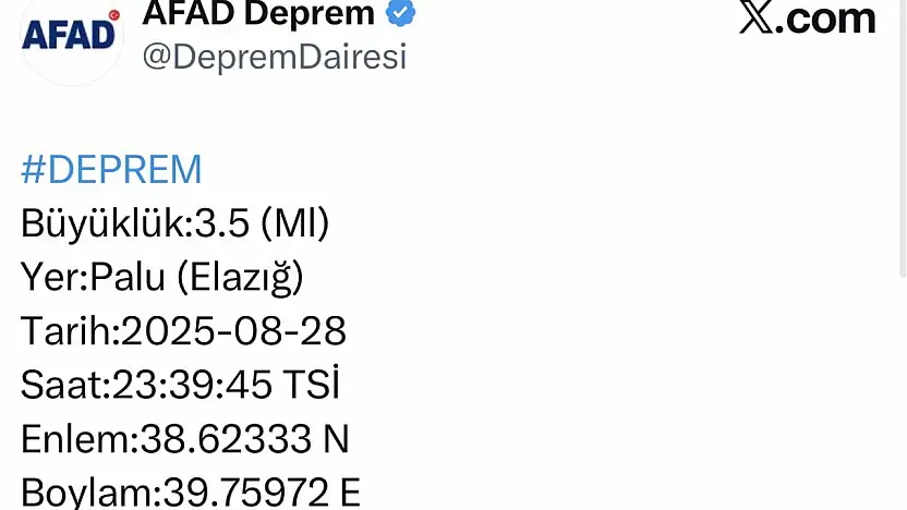 Elazığ'da 3.5 büyüklüğünde deprem